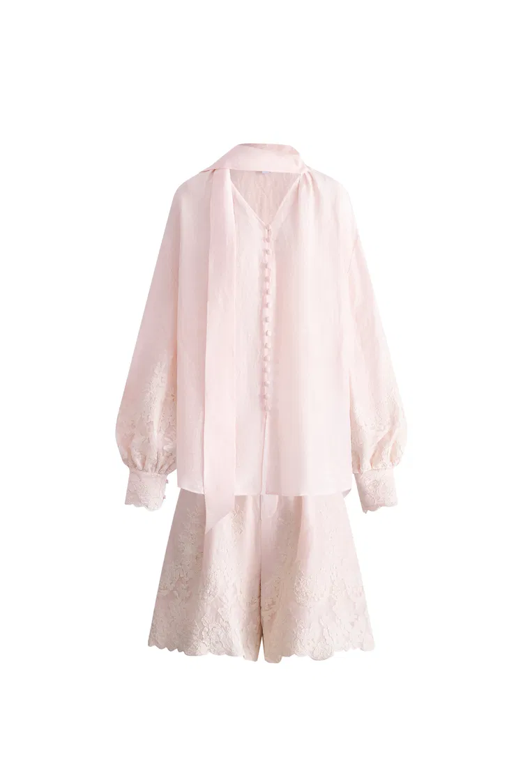 Paz Pink Embroidered Blouse and Short Matching Setin Silk-Linen Blend