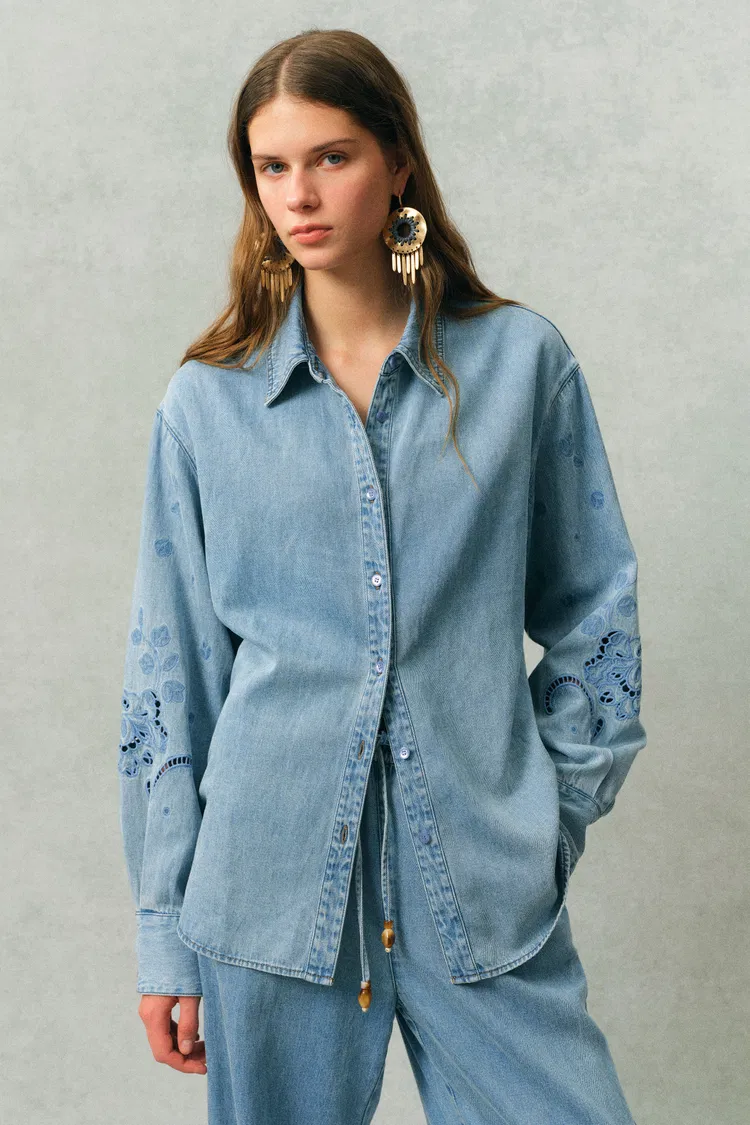 Vinetta Curved Button Placket Floral Embroidered Shirt and Jeans Matching Set in Cotton Linen Denim