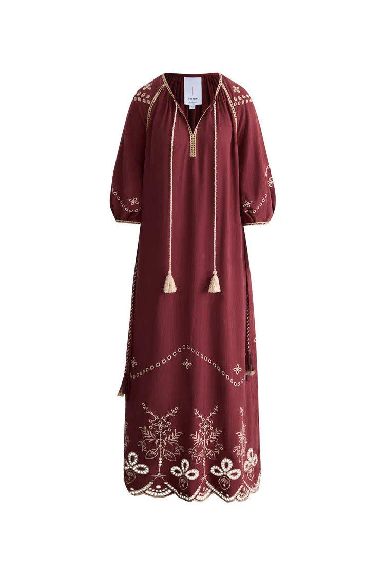 Antonia European Inspired Openwork Embroidery Maxi Dress in Linen Viscose Blend