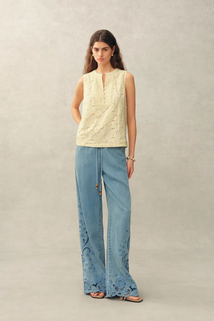 Charlotte Marigold Lace Embroidery Sleeveless Top in Cotton