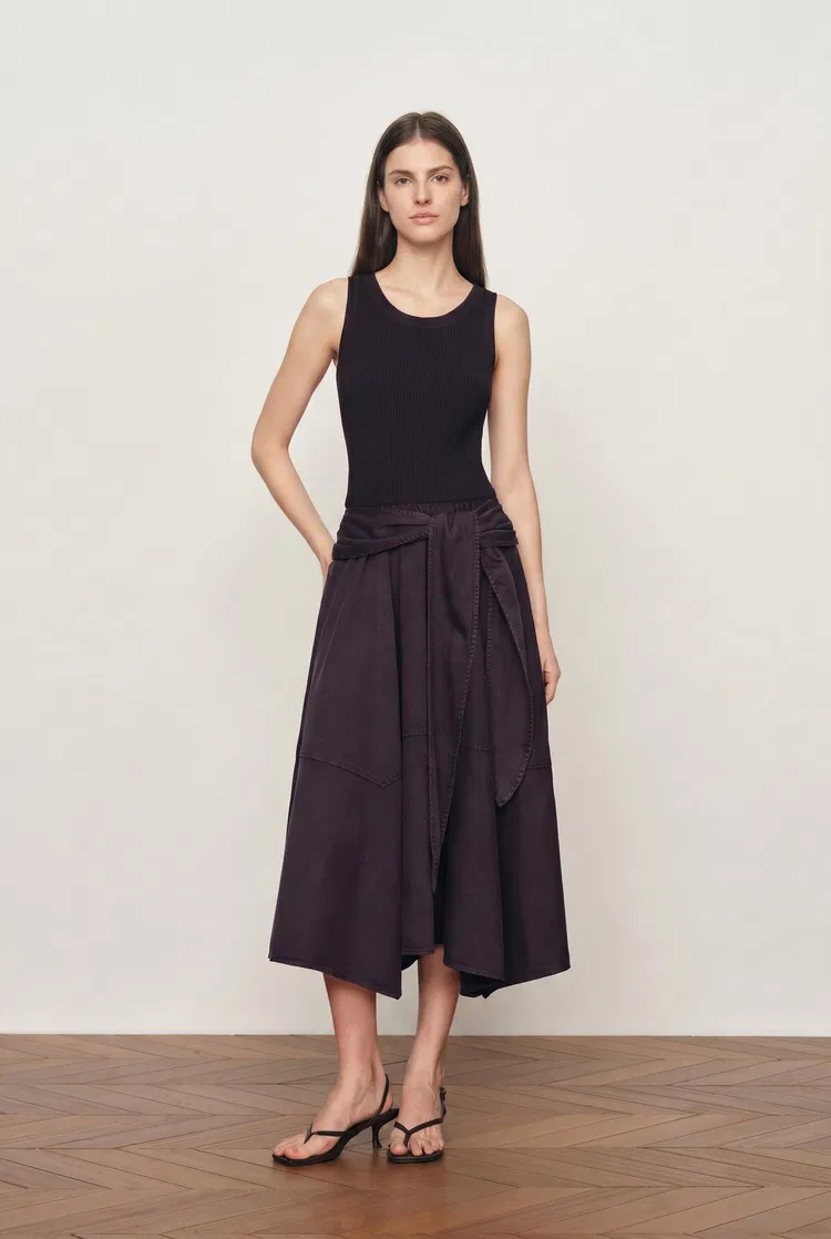 Kaia Paneled Waist Tie Sleeveless Dress in Cotton Knit and Tencel Denim