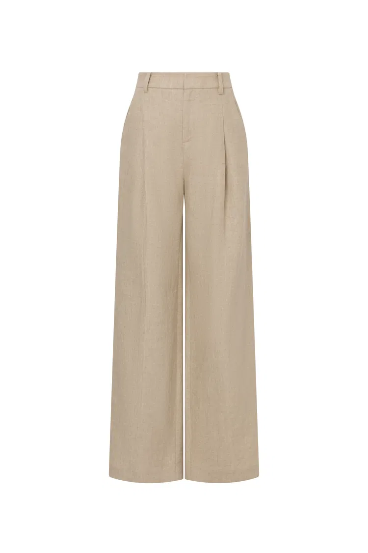 Troy Front Pleated Wide Leg Suit Pants in Dew Retted French Linen
