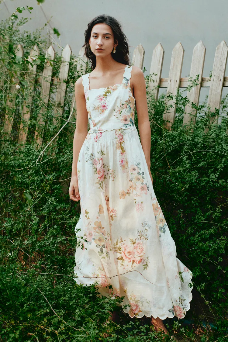 Xena Watercolor Flora Embroidery Strap Dress in Silk-Linen