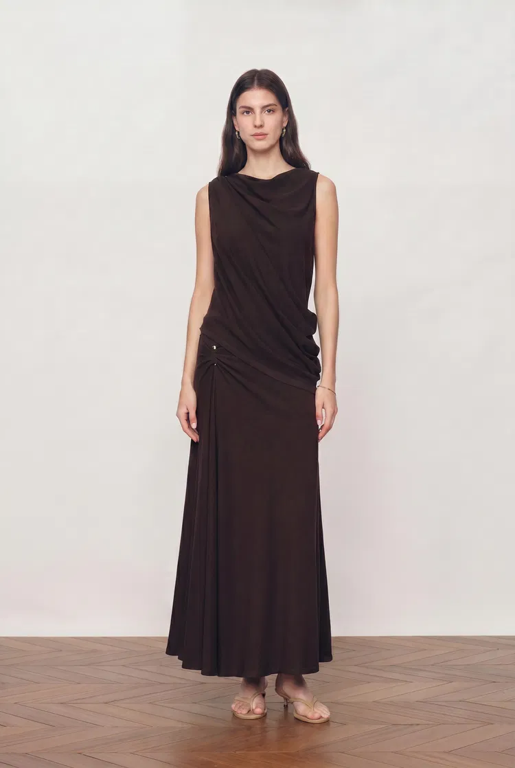 Florence Asymmetric Draped Sleeveless Top and Maxi Skirt Set in Cotton Modal Knit