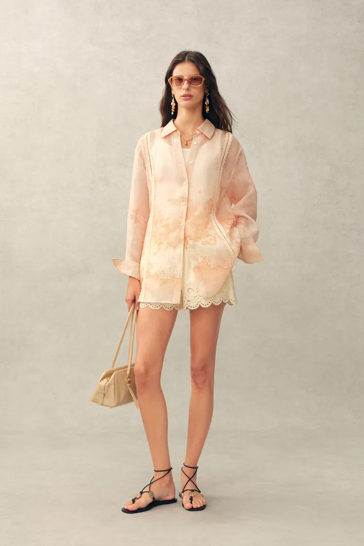 Celeste Handpainted Floral Loose Shirt in Silk Linen Organza