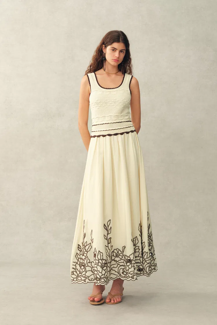 Vittra Embroidery and Woven Sleeveless Dress in Crochet with Cotton Linen Knit