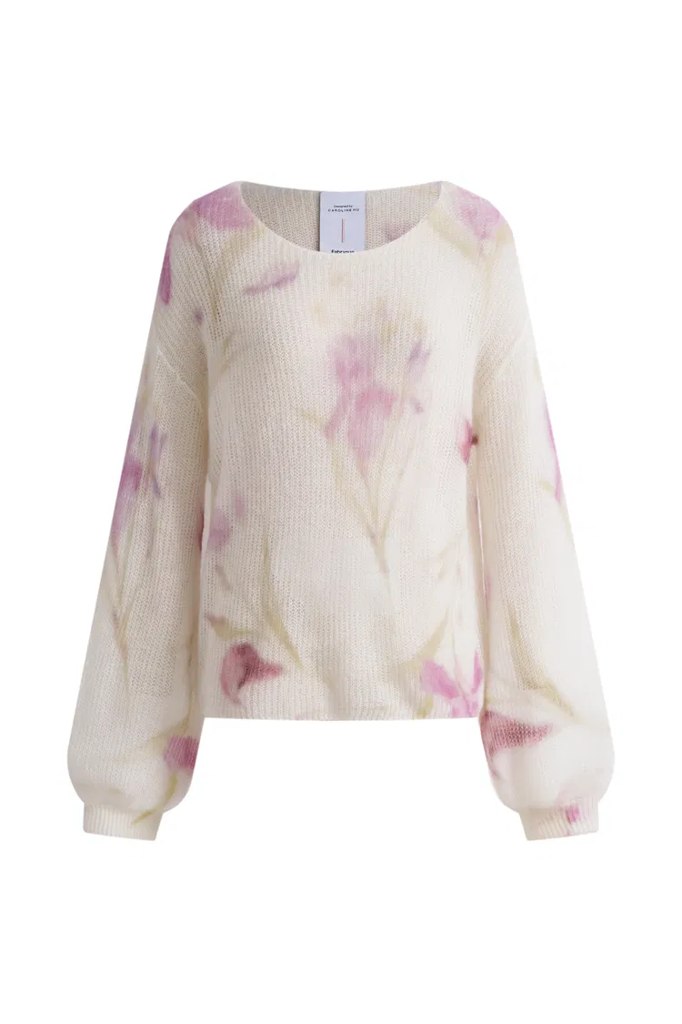 Lilia Hand Painted Iris and Lily Print Knit Sweater in Merino-Mohair Blend