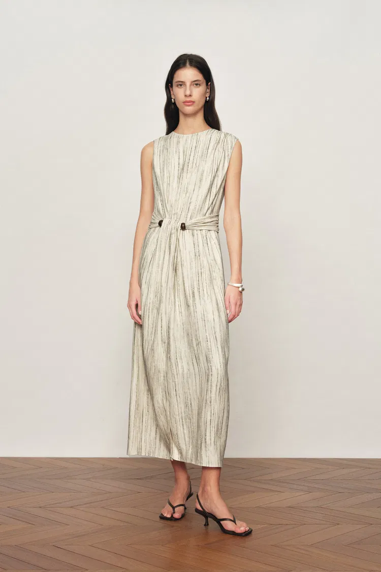 Felicia Handwork Draping Textured Stripe Sleeveless Dress in Linen Blend