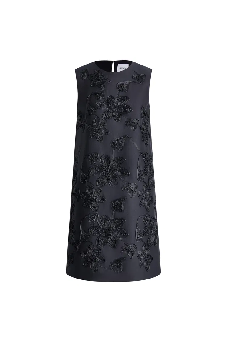 Zhen Ribbon Embroidery Short Sleeveless Dress in Silk-Wool Satin