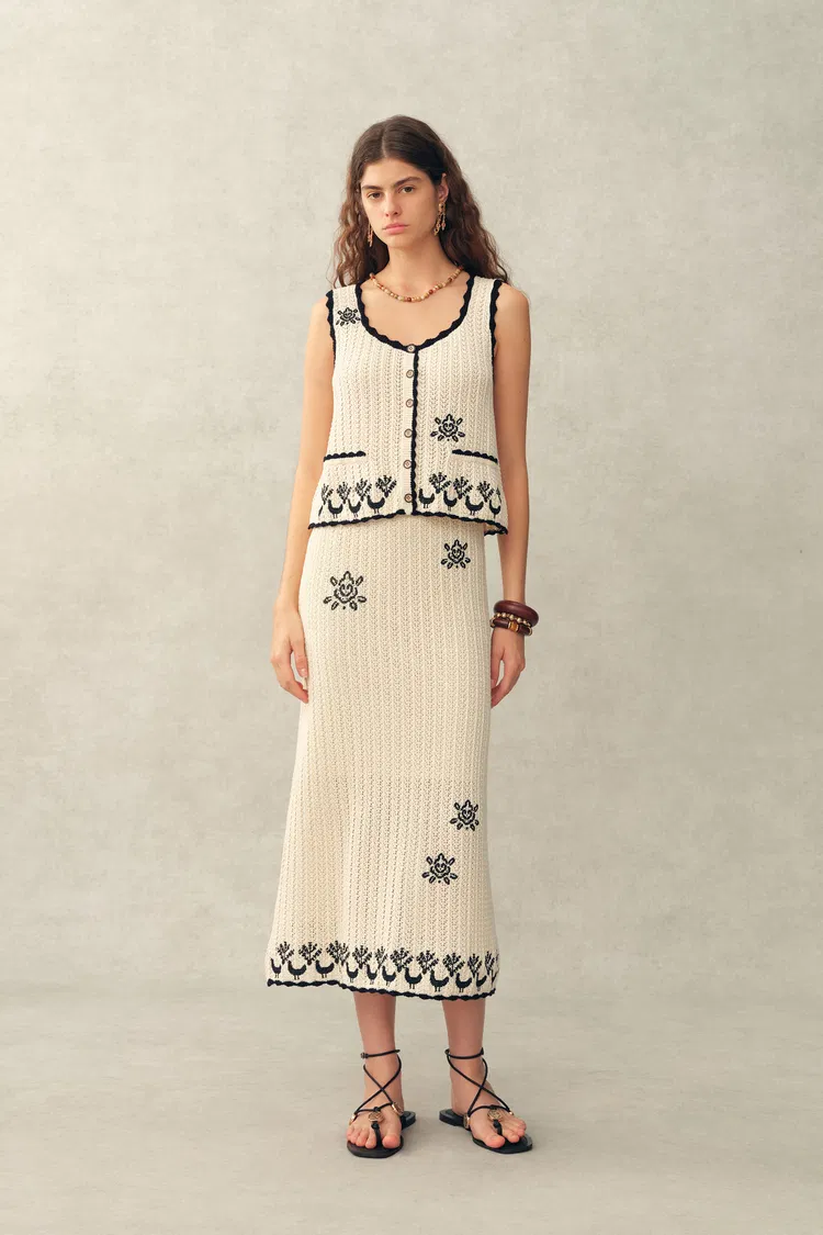 Rania Hand Crochet Embroidery Sleeveless Top and Skirt Set in Cotton Yarn