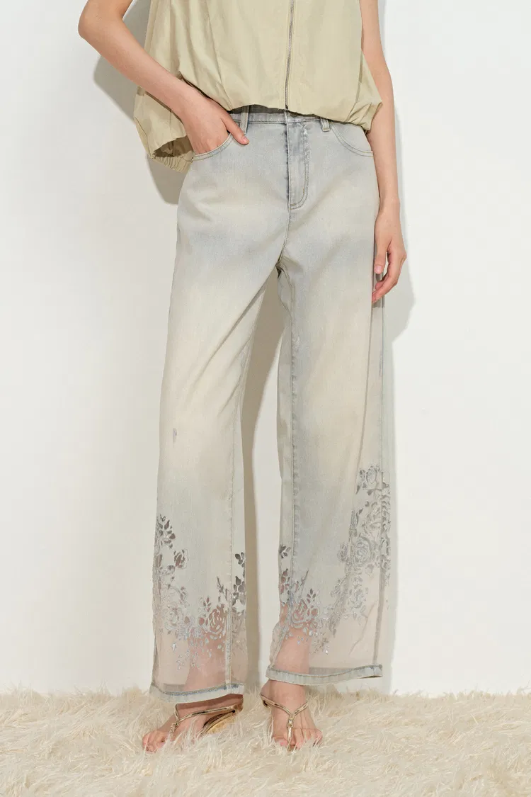 Ariel Straight Cropped Jeans in Transparent Burnout Denim