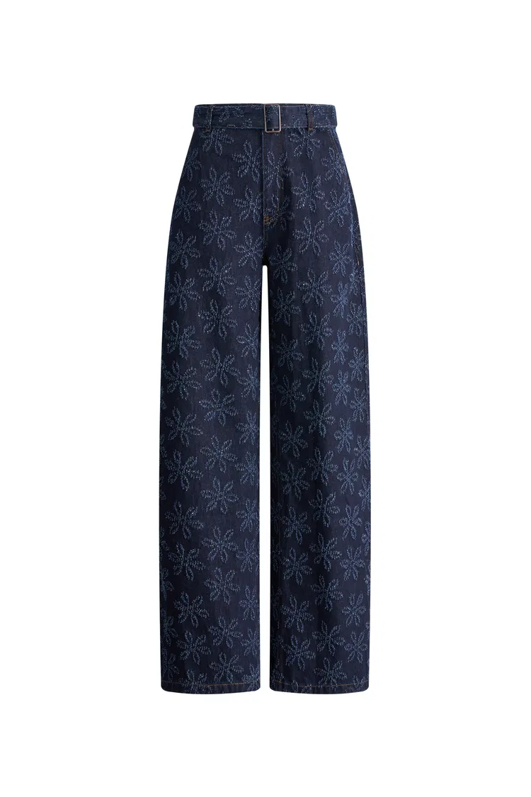Mia Flora Straight Wide Leg Jeans in Cotton Jacquard Denim