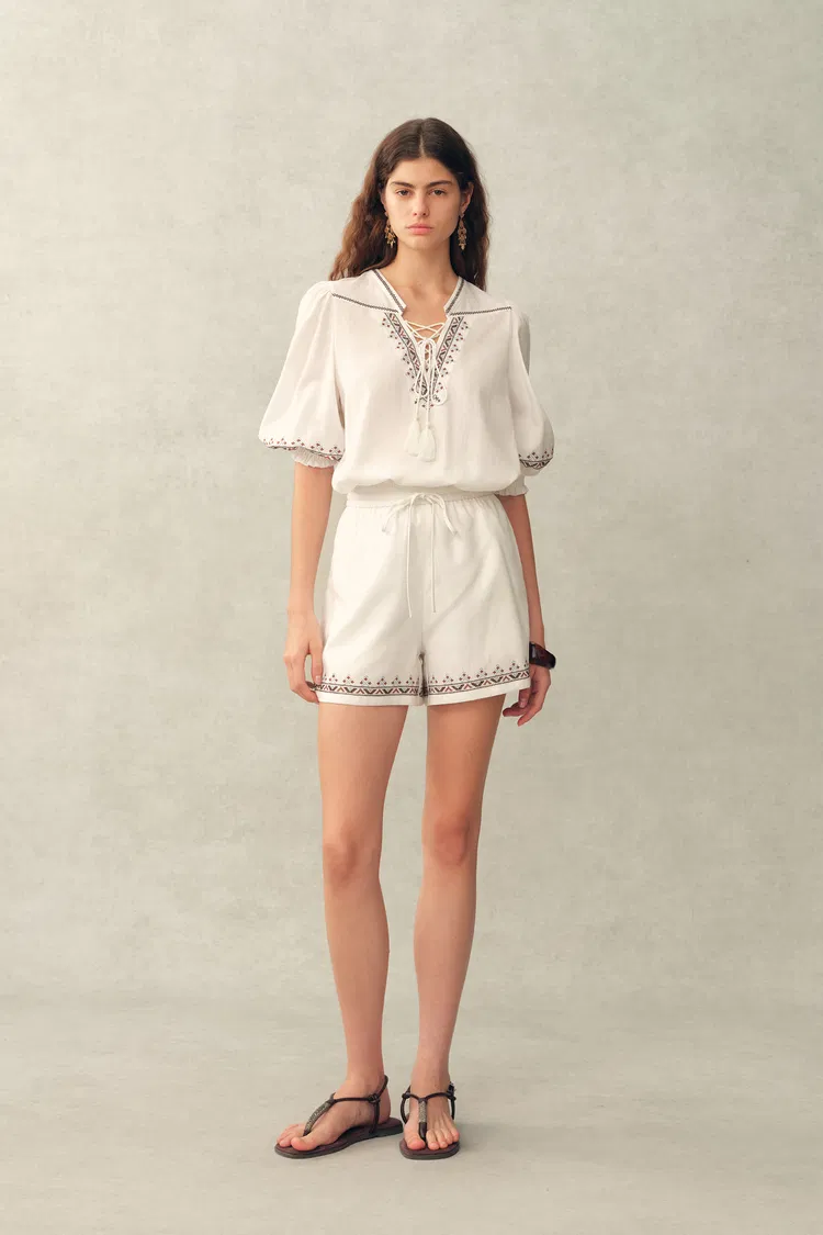 Becky Cross Stitch Tie Front Short Sleeve Shirt and Shorts Set in Linen Blend