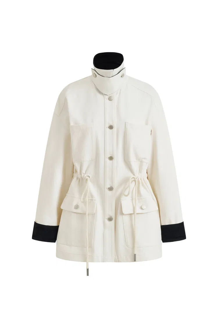 Amy Drawstring Waist White Cowboy Jacket in Cotton Denim