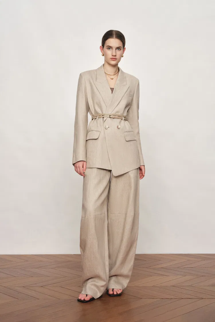 Charlie Deconstructed Asymmetric Double-Belt Blazer and Pants in Cotton Linen