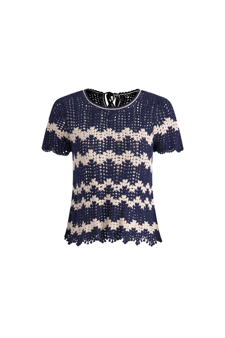 Cecilia Contrast Handcrafted Crochet Top in Cotton-Linen Blend Knit