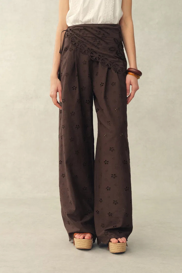 Nina Embroidered Scraf Wrap Pants in Cotton