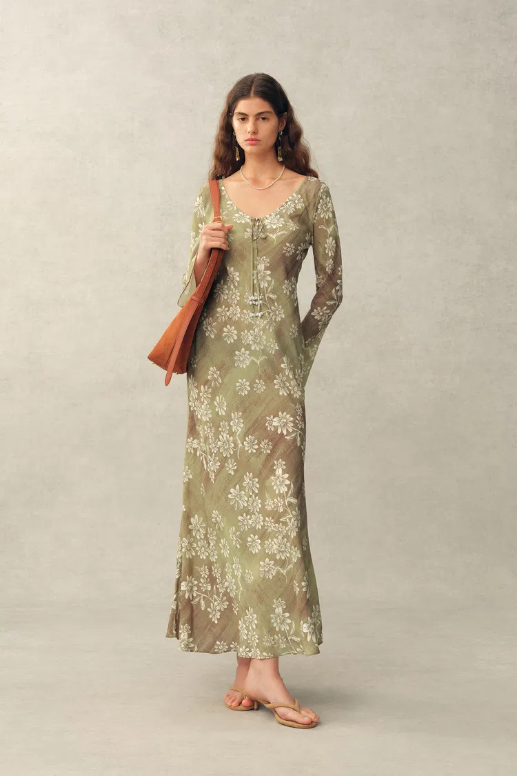 Iris Handpainted Floral Long Sleeve Dress in Viscose