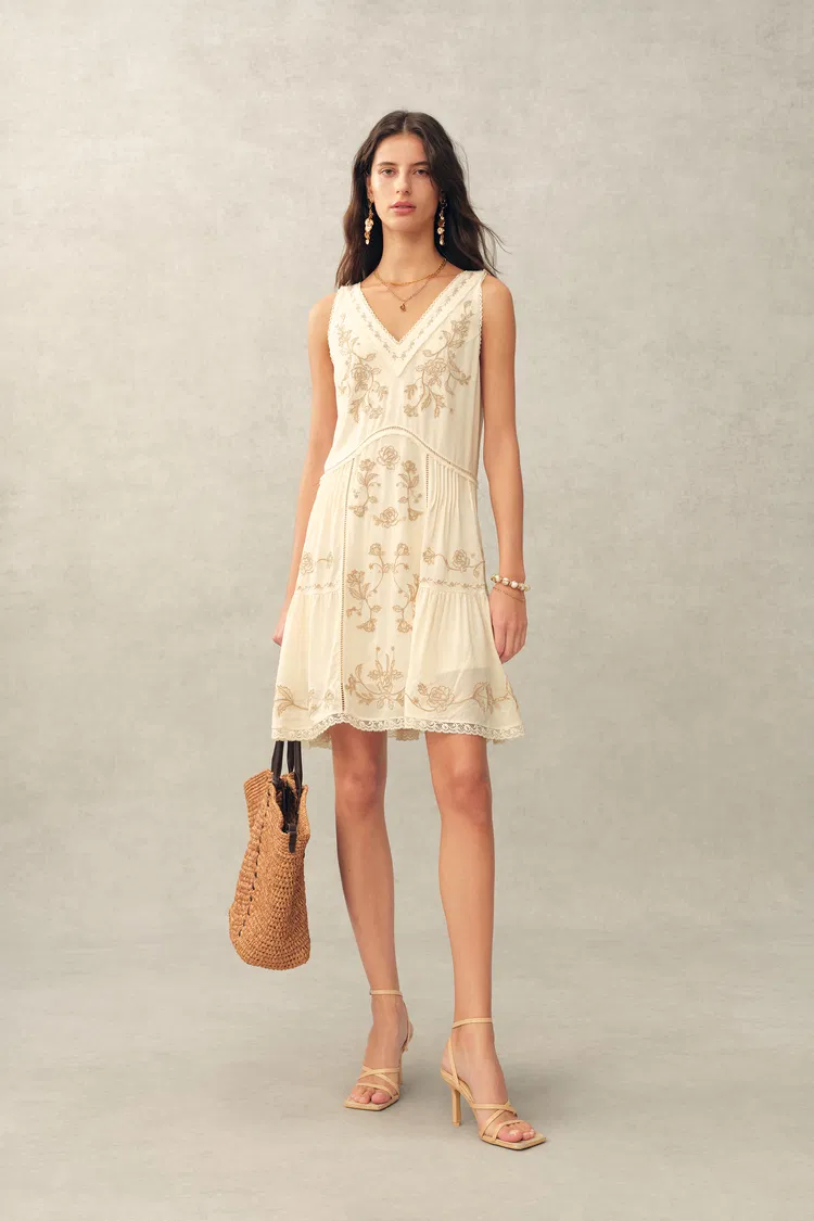 Aurelia Floral Lace Embroidery Sleeveless Dress in Acetate Blend Fabric