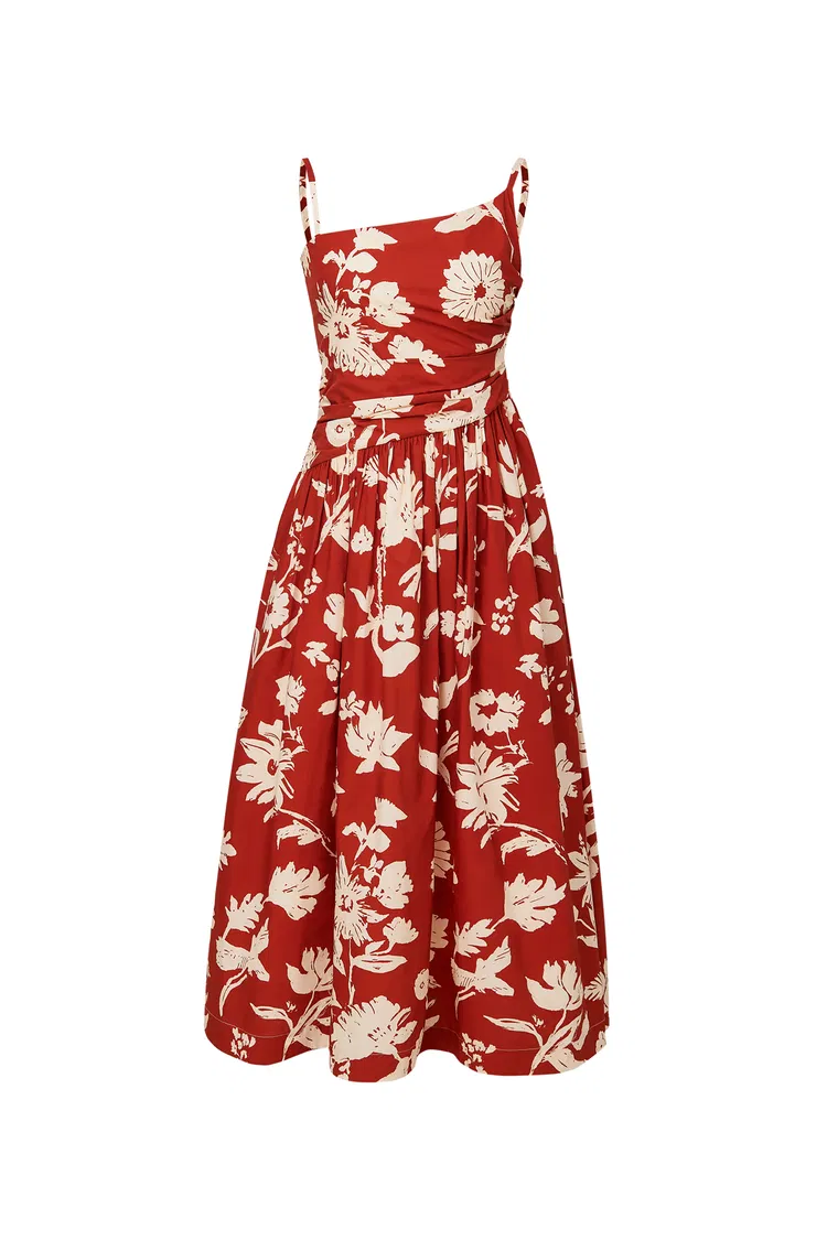 Sienna Asymetrical Strap Flora Print Cami Dress in Matte Cotton