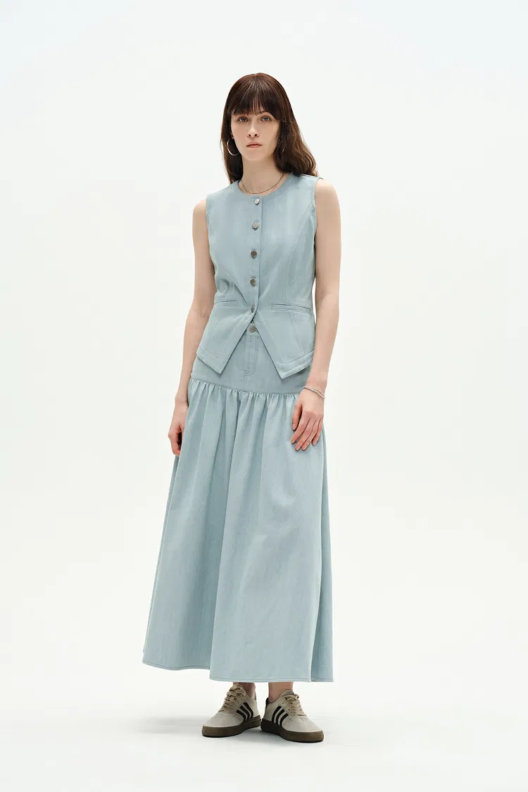 Elodie Denim Vest and Skirt Matching Set in Summer Denim