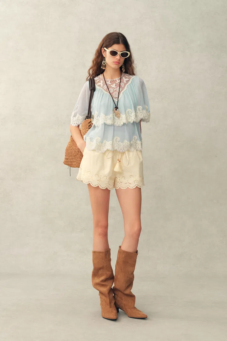 Sophia Lace Embroidery Summer Cape Short Sleeve Blouse in Silk Blend Crinkled Georgette