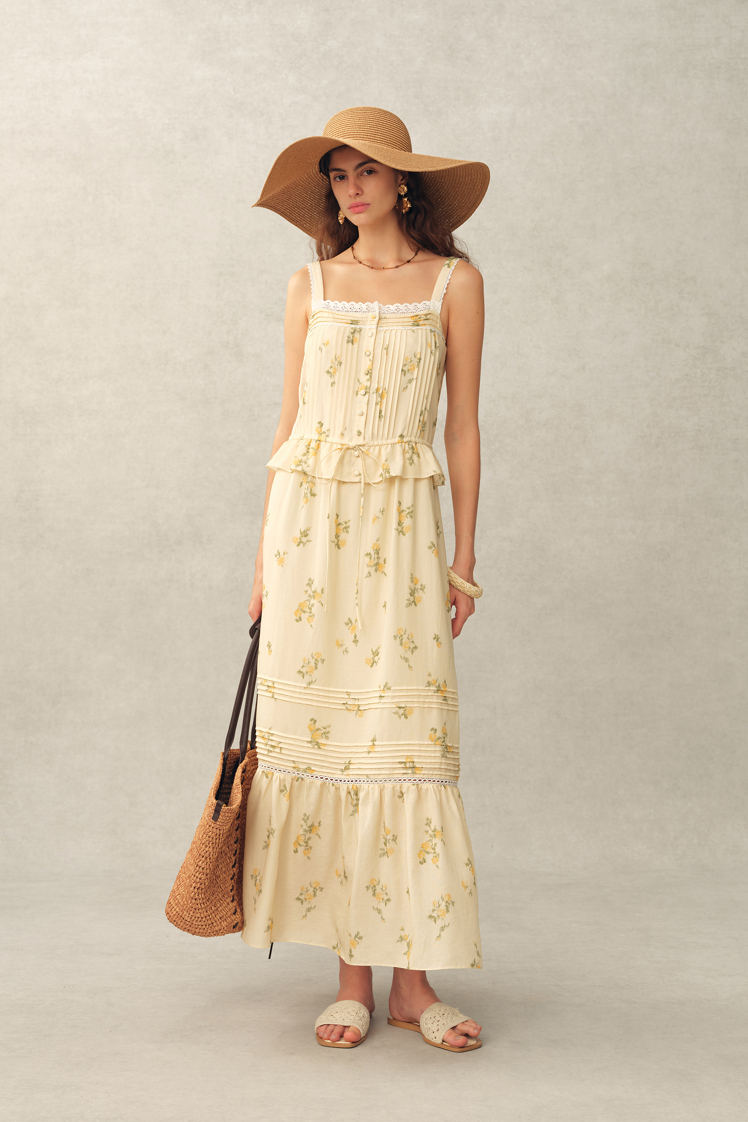 Sylvia Floral Lace Trim Layered Sleeveless Cami Dress in Linen