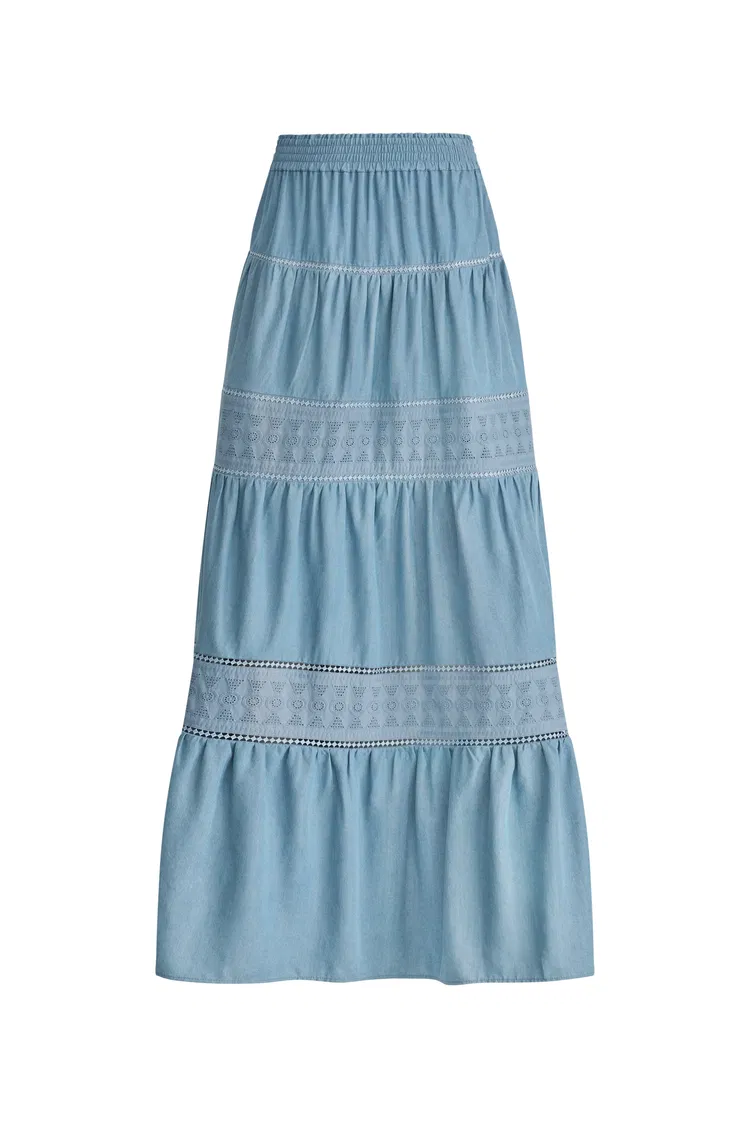 Oluka Tiered Openwork Maxi Skirt in Lightweight Denim
