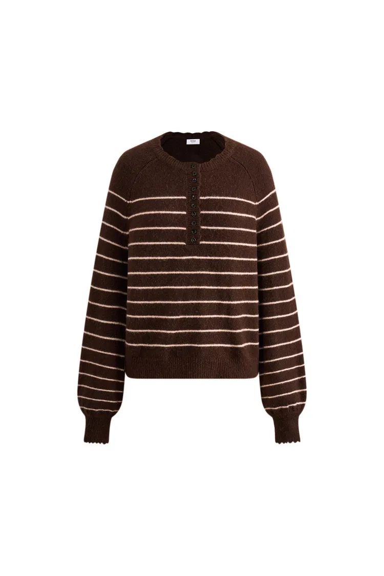 Rhea Scalloped Henley Striped Sweater in Wool-Alpaca Knit