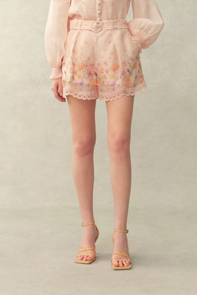 Lillian Handpainted Floral Embroidery Belted Shorts in Silk Linen Organza