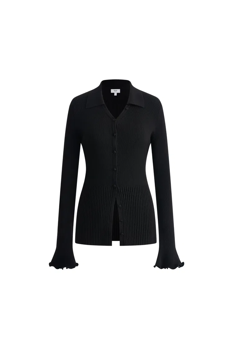 Katia Black Wavy Cuff Fitted Cardigan in Stretchy Merino Wool Cable Knit