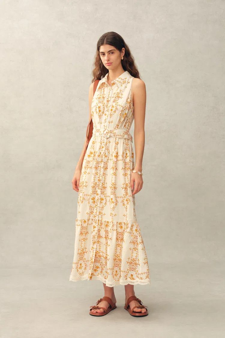 Wendy Floral Embroidery Belted Sleeveless Dress in Linen Blend