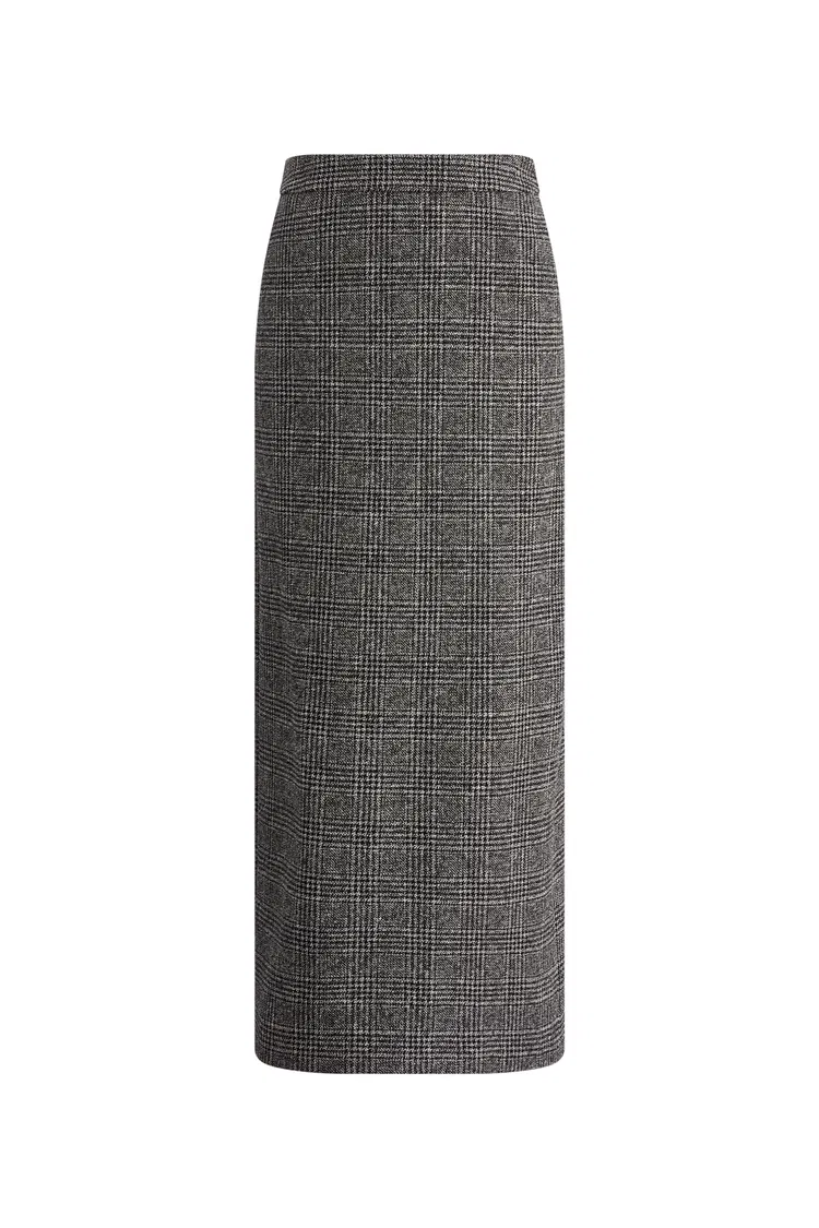 Lola Leather Accent Straight Midi Skirt in Merino-Silk Welsh Check