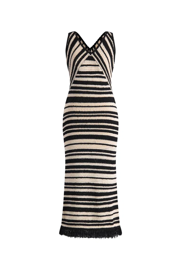 Kari Handmade Tassels Striped Dress in Cotton Knit