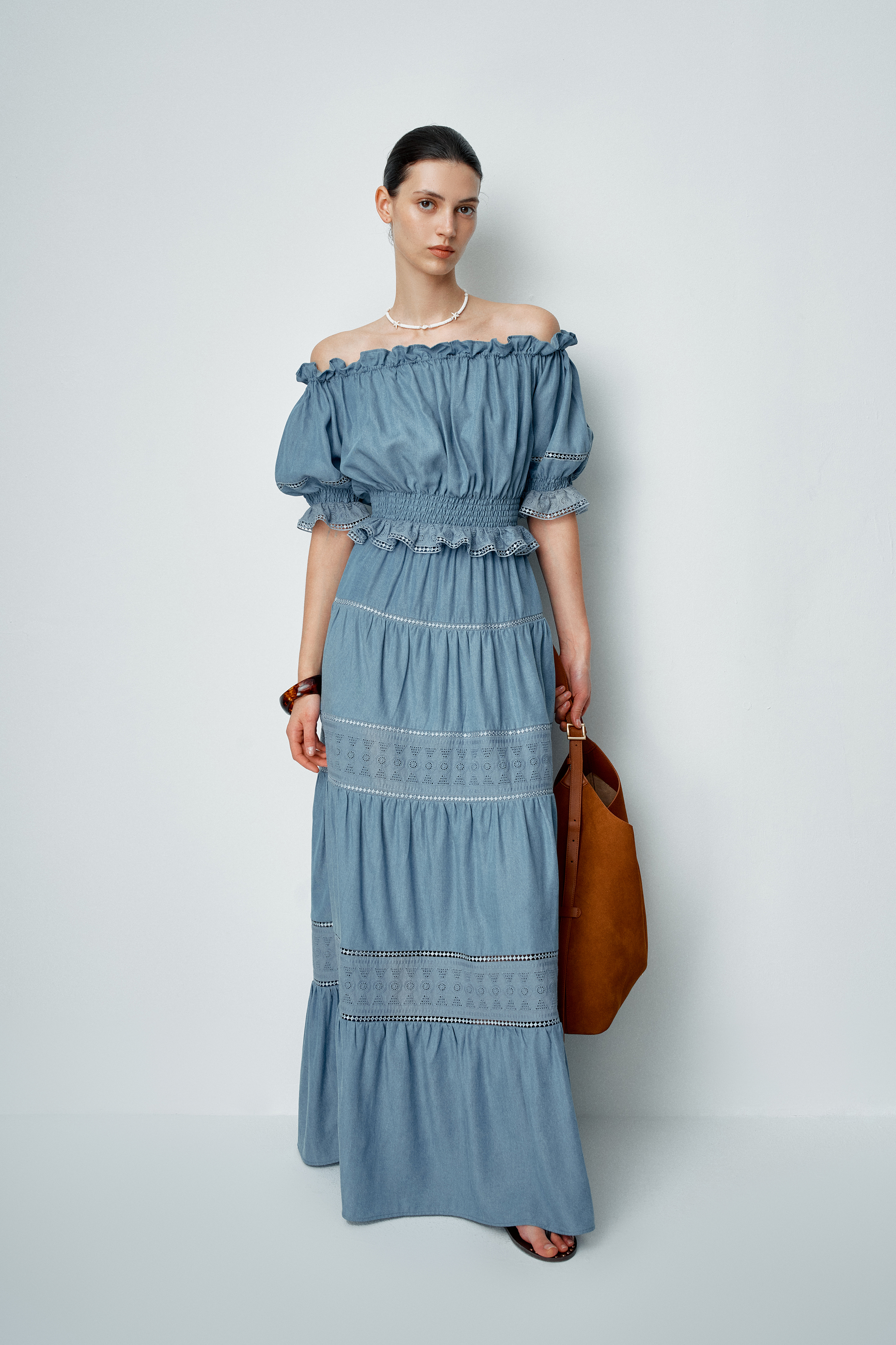 Oluka Ruffle Ruched Off Shoulder Top in Lightweight Denim