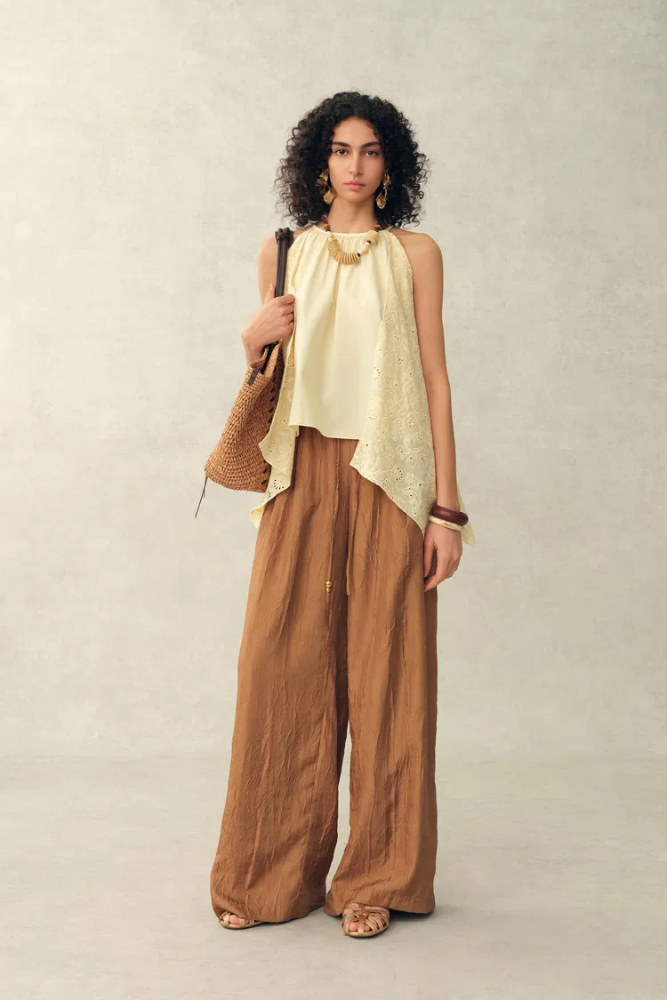 Hazel Lace Panel Halterneck Sleeveless Top in Silk Cotton Blend
