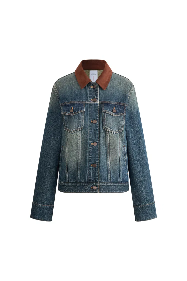 Jennifer Hand Sewn Suede Collar Denim Jacket in Cotton Denim