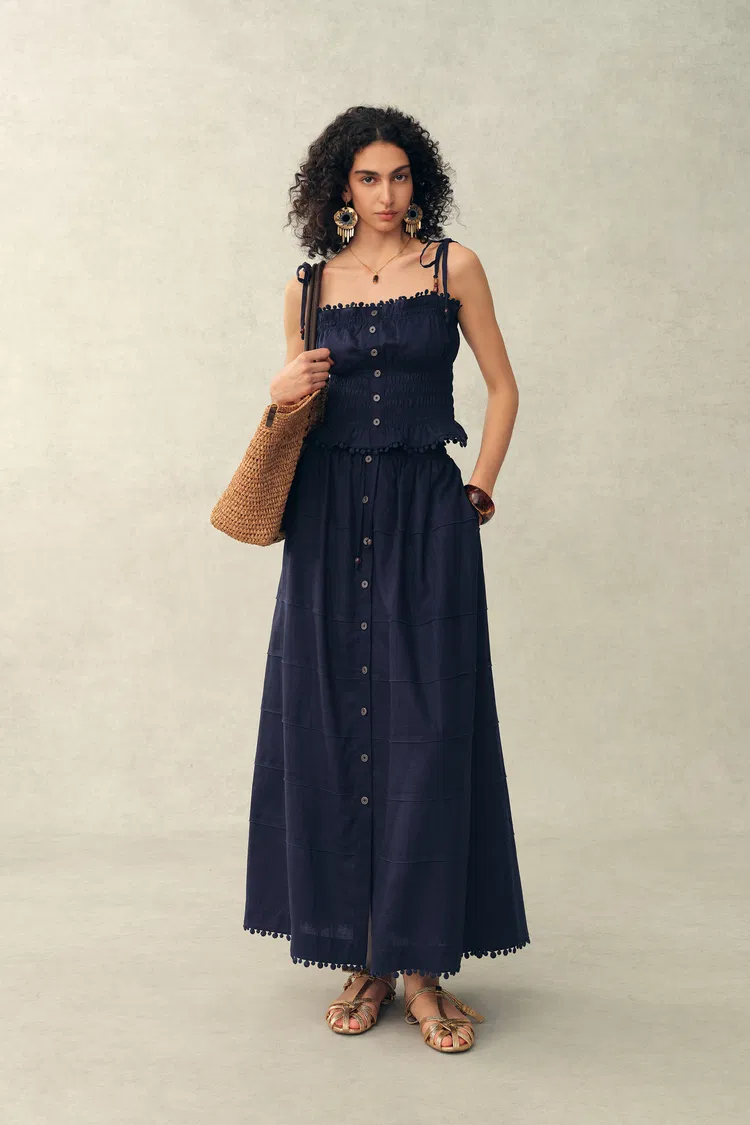 Siena Smocked Tie Front Bandeau Top and Maxi Skirt Set in Linen Blend-Dark Blue