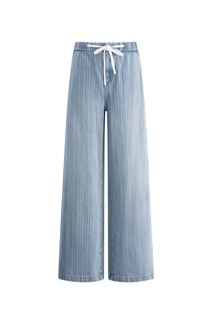 Olive Elastic Waist Straight Jeans in Striped Cotton Denim