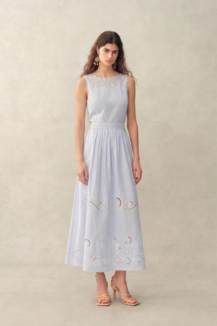 Gracie Striped Embroidered Open-back Sleeveless Dress in Crinkled Cotton