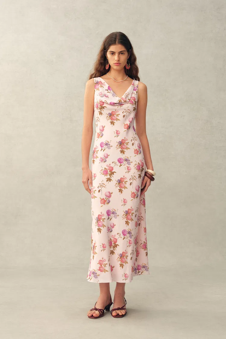 Fraye Floral Cowl Neck Sleeveless Dress in Silk Double Crepe