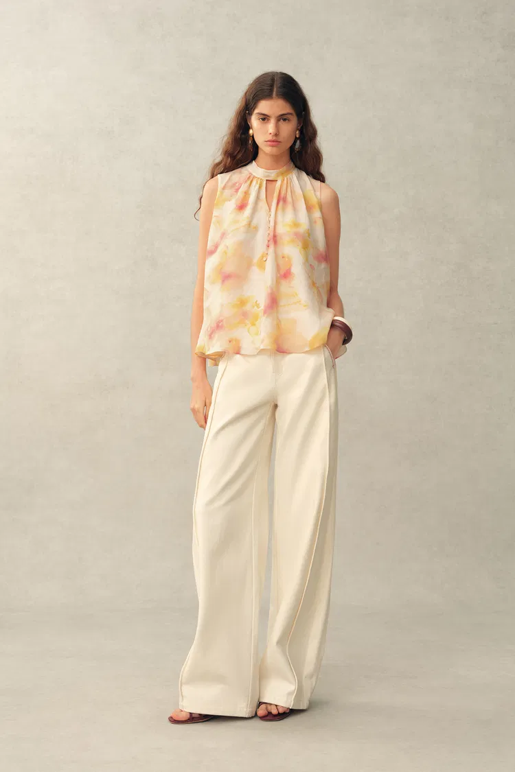 Charlotte Handpainted Floral Neck Tie Sleeveless Blouse in Silk Double Crepe