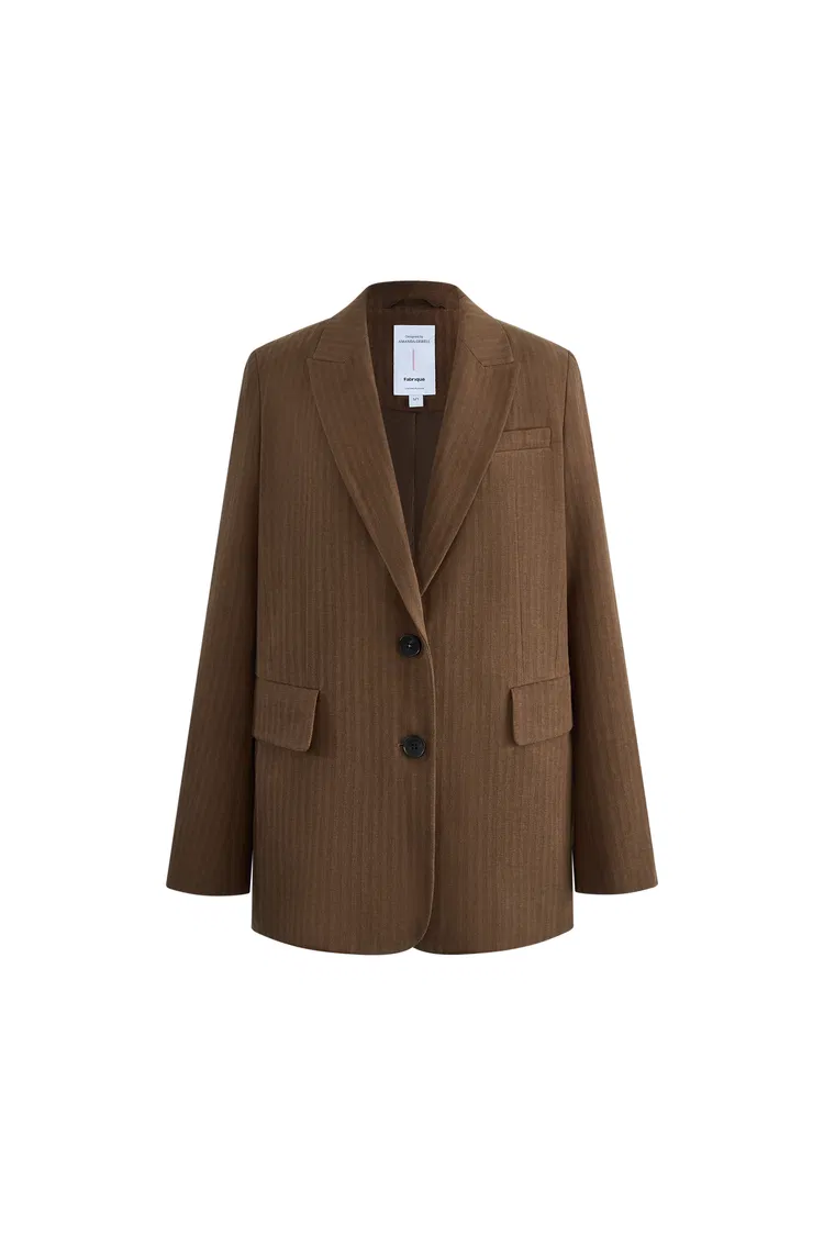 Fanny Striped Herringbone Button Suit Blazer in Cotton