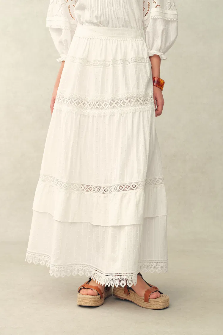 Iris Mix Embroidery Lace Patchwork Maxi Skirt in Cotton Jacquard