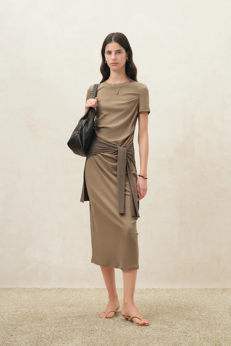 Isla Grey Ruched Tie Front T-Shirt Dress