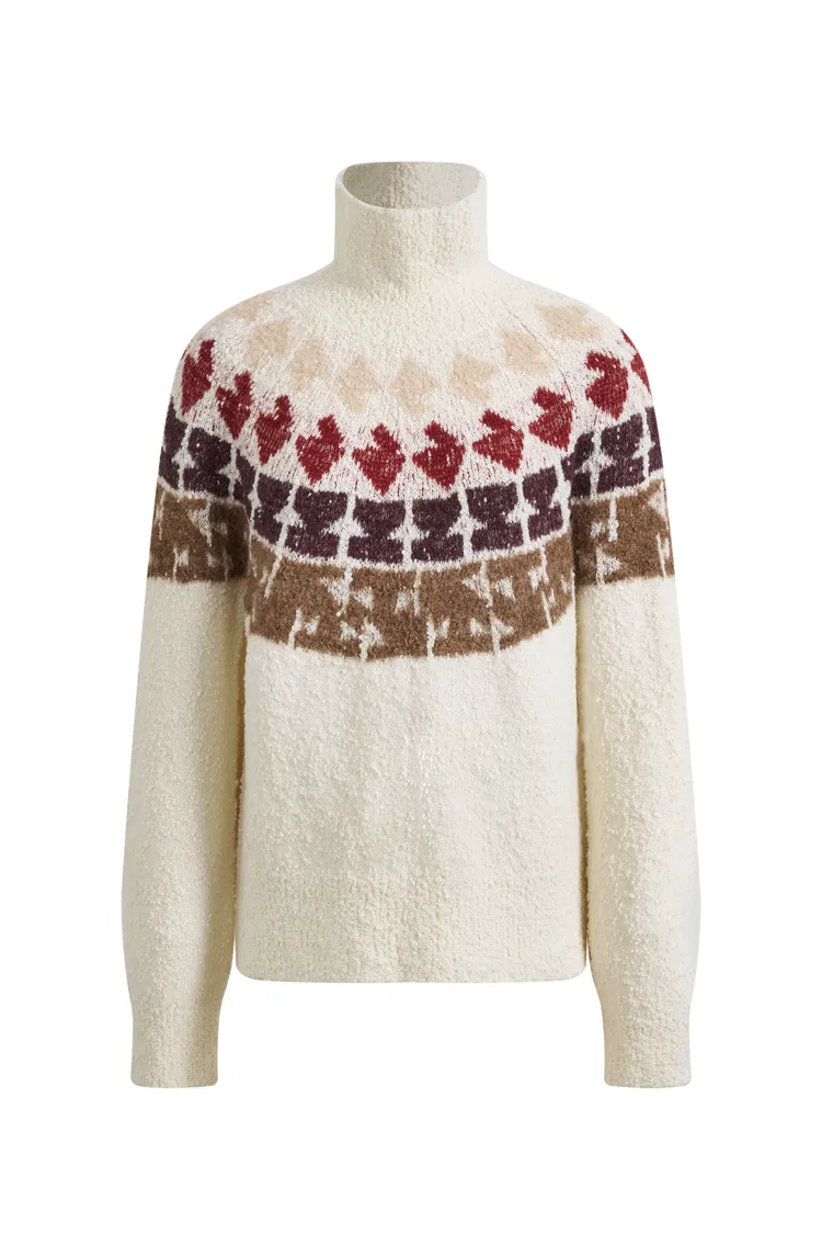 Krasner Hand Drawn Fair Isle Motif High Neck Sweater in Merino Wool