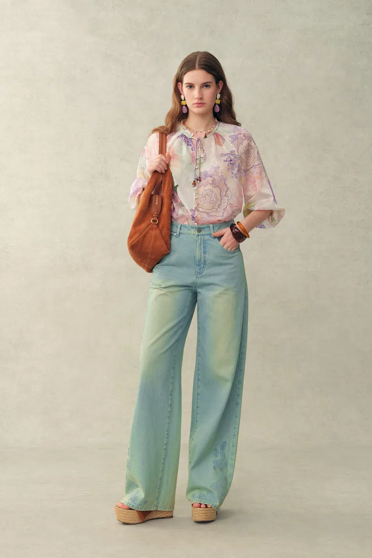 Yori Handpainted Floral Print Sheer Beaded Puff Sleeve Blouse in Silk Linen Blend