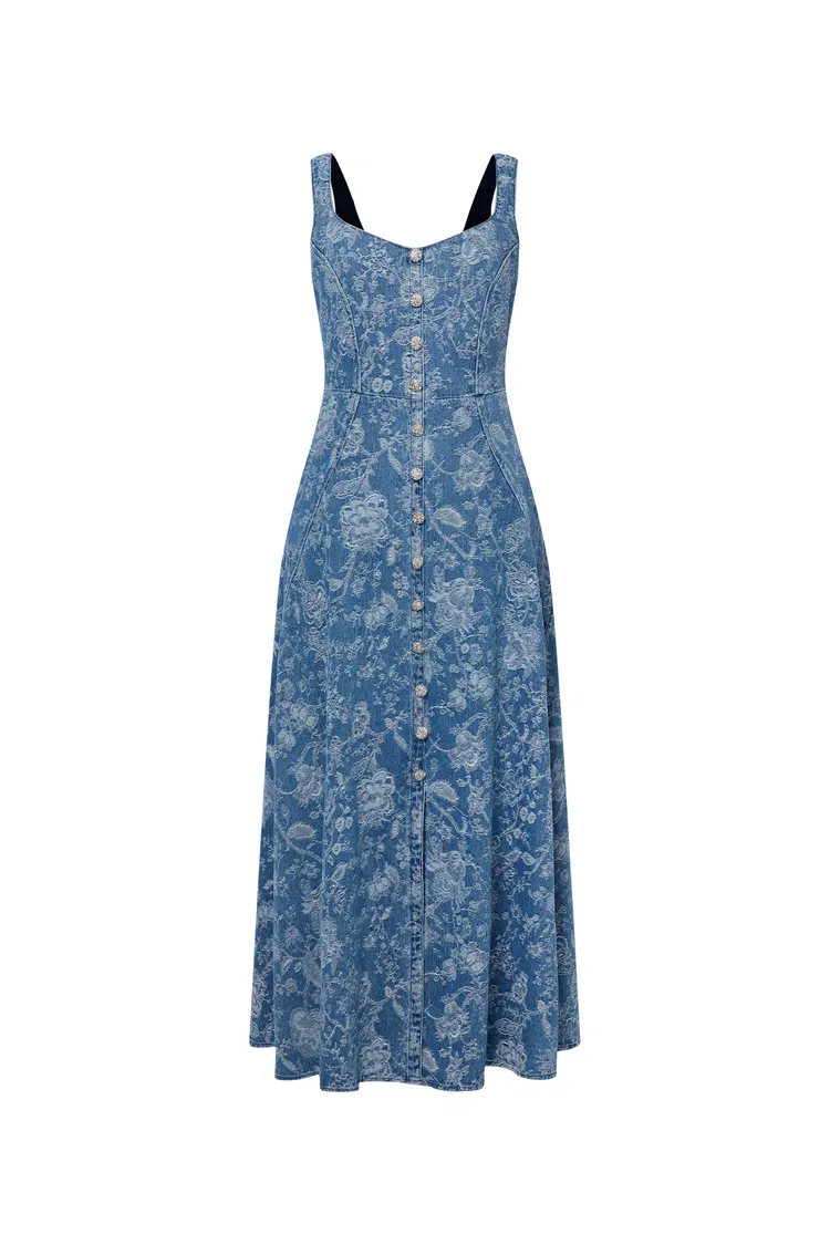 Ella Flora Laserwork Strap Maxi Dress in Cotton Denim