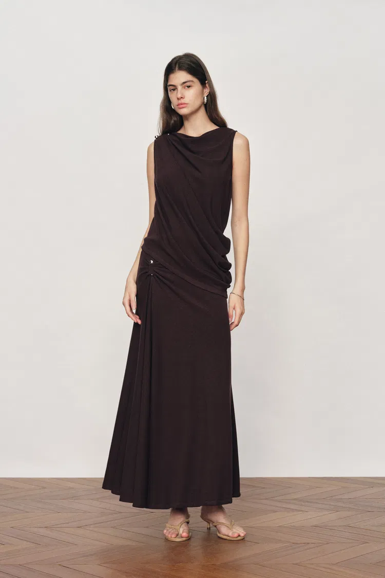 Florence Asymmetric Draped Sleeveless Top and Maxi Skirt Set in Cotton Modal Knit