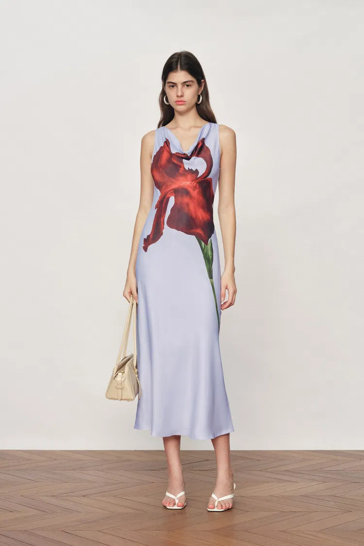 Cersei Iris Print Cowl Neck Sleeveless Dress in Soft Satin
